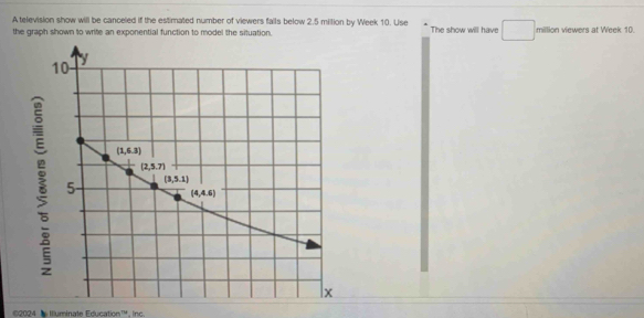 A television show will be canceled if the estimated number of viewers falls below 2.5 million by Week 10. Use
the graph shown to write an exponential function to model the situation. The show will have° million viewers at Week 10.
©2024  Illuminate Education™, Inc.