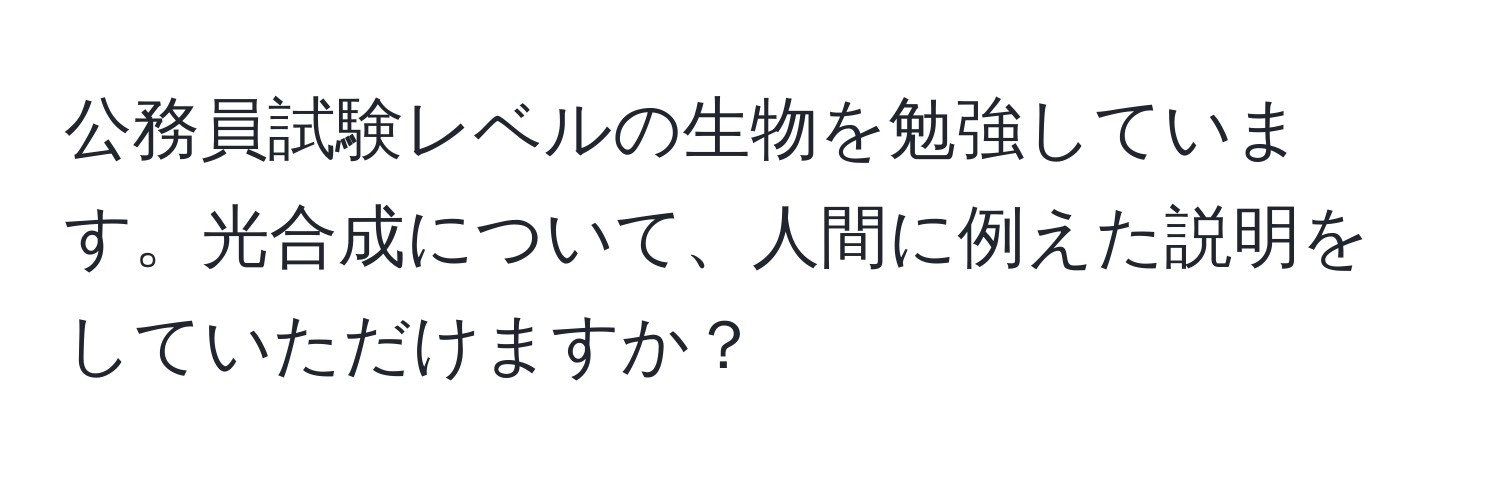 公務員試験レベルの生物を勉強しています。光合成について、人間に例えた説明をしていただけますか？