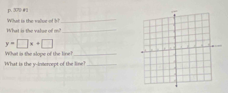 370 #1 
What is the value of b? 
_ 
What is the value of m? 
_
y=□ x+□
What is the slope of the line?_ 
What is the y-intercept of the line?_