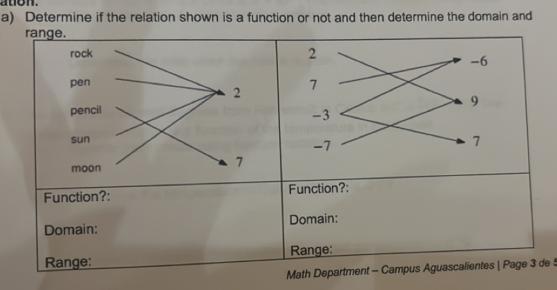 ation. 
a) Determine if the relation shown is a function or not and then determine the domain and 
range. 
Function?: Function?: 
Domain: Domain: 
Range: Range: 
Math Department - Campus Aguascalientes | Page 3 de 5