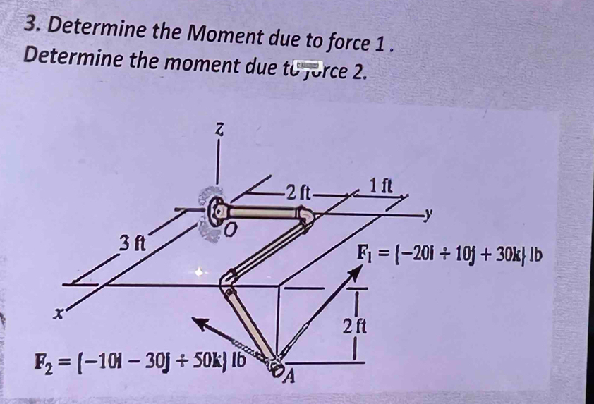 Determine the Moment due to force 1 .
Determine the moment due to force 2.