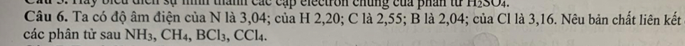 dịch sự nh thành các cập electron chủng của phân từ H5SO4. 
Câu 6. Ta có độ âm điện của N là 3,04; của H 2,20; C là 2,55; B là 2,04; của Cl là 3,16. Nêu bản chất liên kết 
các phân tử sau NH3, CH4, BCl₃, CCl₄.