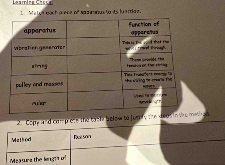 Learning Check: 
1. Match each piece of apparatus to its function. 
2. Copy and complete the table below to justify the thod. 
Method Reason 
Measure the length of