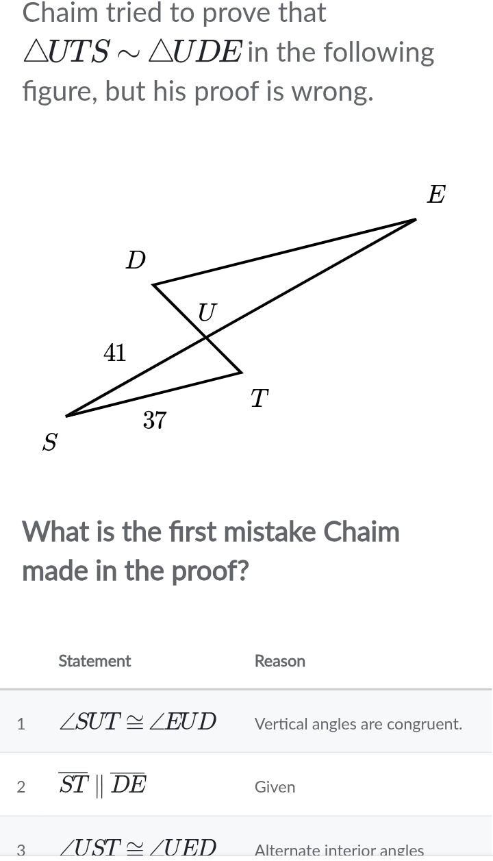 Chaim tried to prove that
△ UTSsim △ UDE in the following 
figure, but his proof is wrong. 
What is the first mistake Chaim 
made in the proof? 
Statement Reason 
1 ∠ SUT≌ ∠ EUD Vertical angles are congruent. 
2 overline STparallel overline DE Given 
3 ∠ UST≌ ∠ UED Alternate interior angles