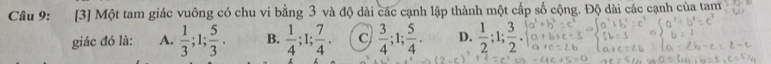 [3] Một tam giác vuông có chu vi bằng 3 và độ dài các cạnh lập thành một cấp số cộng. Độ dài các cạnh của tam
giác đó là: A.  1/3 ; 1;  5/3 . B.  1/4 ; 1;  7/4 . C  3/4 ; 1;  5/4 . D.  1/2 ; 1;  3/2 .