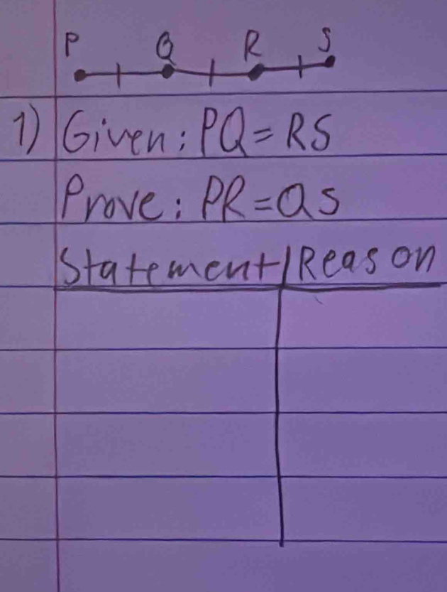 Given; PQ=RS
Prove: PR=QS