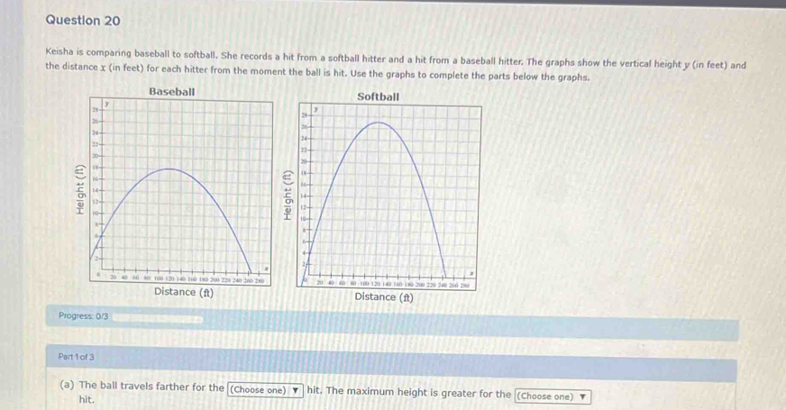 Keisha is comparing baseball to softball. She records a hit from a softball hitter and a hit from a baseball hitter. The graphs show the vertical height y (in feet) and 
the distance x (in feet) for each hitter from the moment the ball is hit. Use the graphs to complete the parts below the graphs. 

Progress: 0/3 
Part 1 of 3 
(a) The ball travels farther for the (Choose one) y hit. The maximum height is greater for the (Choose one) 7
hit.