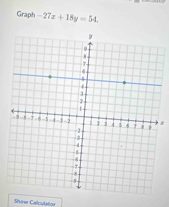 Calculator 
Graph -27x+18y=54.
x
Show Calculator