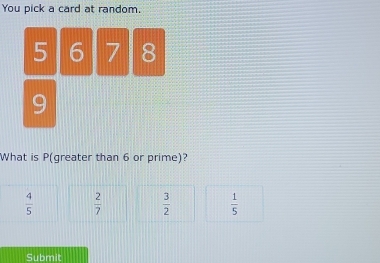 You pick a card at random.
5 6 7 8
9
What is P (greater than 6 or prime)?
 4/5   2/7   3/2   1/5 
Submit