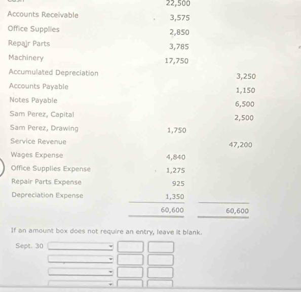 22,500
Accounts Receivable 3,575
Office Supplies 2,850
Repajr Parts 3,785
Machinery 17,750
Accumulated Depreciation 3,250
Accounts Payable 1,150
Notes Payable 6,500
Sam Perez, Capital 2,500
Sam Perez, Drawing 1,750
Service Revenue 47,200
Wages Expense 

Office Supplies Expense 
Repair Parts Expense beginarrayr 1.27 92 1.35 hline 60,60endarray
Depreciation Expense 
. 
□  □  60,600
If an amount box does not require an entry, leave it blank. 
Sept. 30