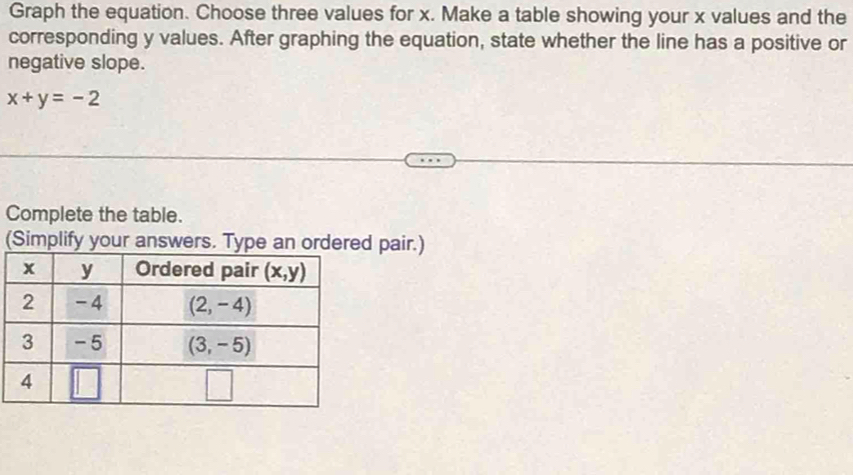 Graph the equation. Choose three values for x. Make a table showing your x values and the
corresponding y values. After graphing the equation, state whether the line has a positive or
negative slope.
x+y=-2
Complete the table.
(Simplify your answers. Type an ordered pair.)