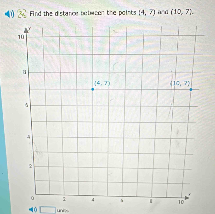 Find the distance between the points (4,7) and (10,7).
(1) □ units.