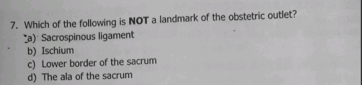 Which of the following is NOT a landmark of the obstetric outlet?
*a) Sacrospinous ligament
b) Ischium
c) Lower border of the sacrum
d) The ala of the sacrum