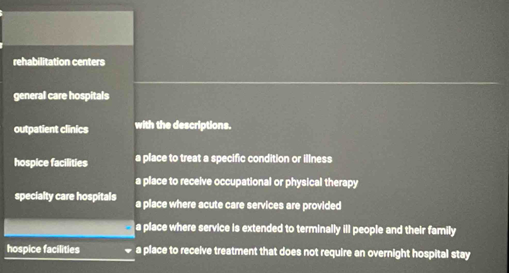 rehabilitation centers
general care hospitals
outpatient clinics with the descriptions.
hospice facilities a place to treat a specific condition or illness
a place to receive occupational or physical therapy
specialty care hospitals a place where acute care services are provided
a place where service is extended to terminally ill people and their family
hospice facilities a place to receive treatment that does not require an overnight hospital stay