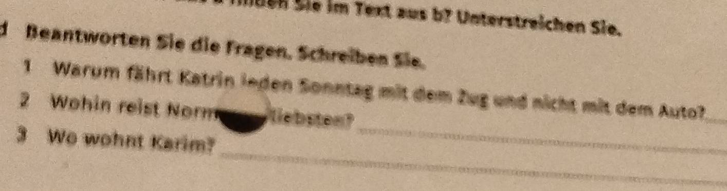 Den Sie im Text aus b7 Unterstreichen Sie. 
dBeantworten Sie die Fragen. Schreiben Sie. 
_ 
1 Warum fährt Katrin inden Sonntag mit dem Zug und nicht mit dem Auto? 
2 Wohin reist Norm lebsten? 
_ 
3 Wo wohnt Karim?