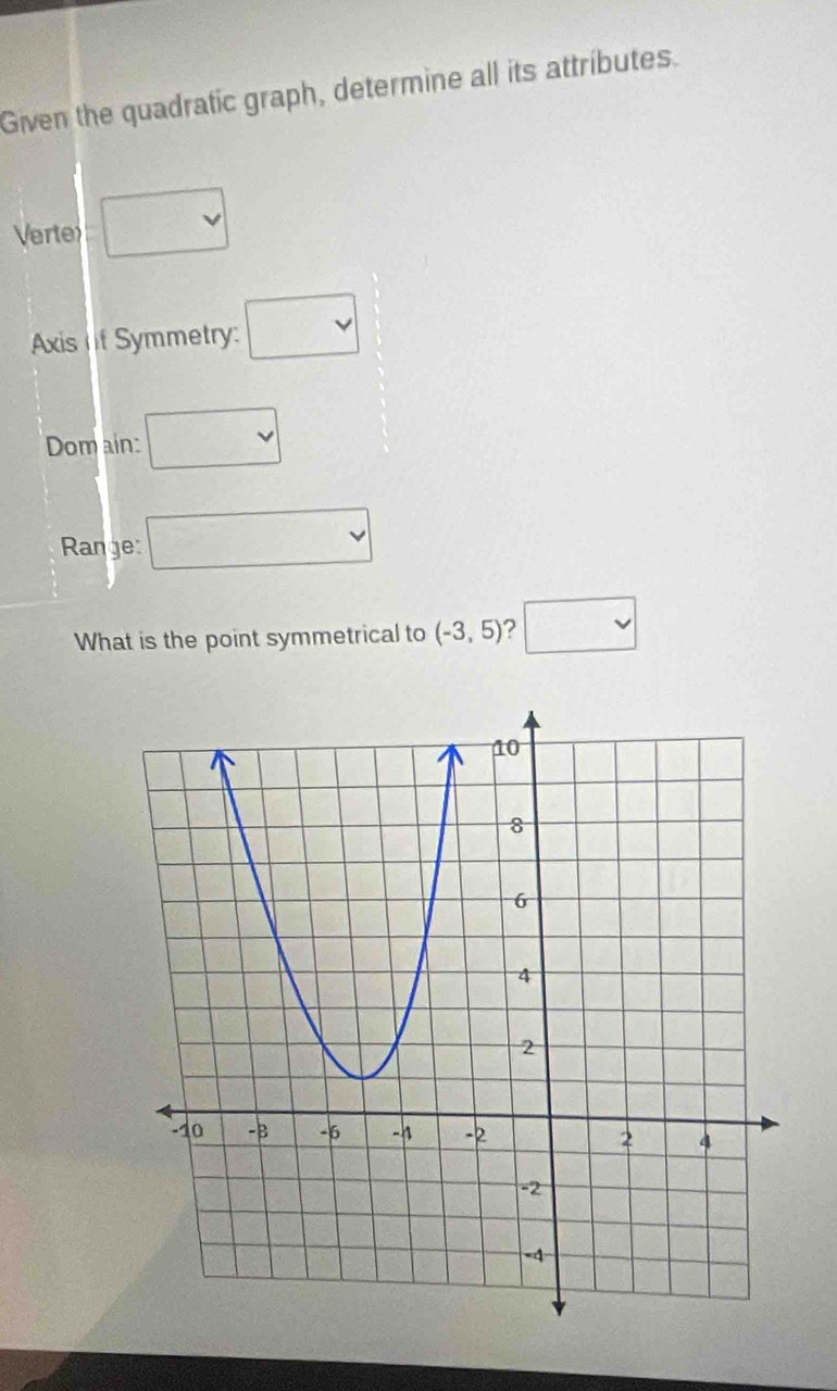 Given the quadratic graph, determine all its attributes. 
Verte □ 
Axis if Symmetry: □ vee 
Dom ain: □ 
Range: □ 
What is the point symmetrical to (-3,5) □