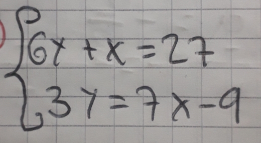 beginarrayl 6y+x=27 3y=7x-9endarray.