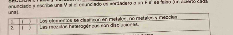 enunciado y escribe una V si el enunciado es verdadero o un F sì es falso (un acierto cada 
una).