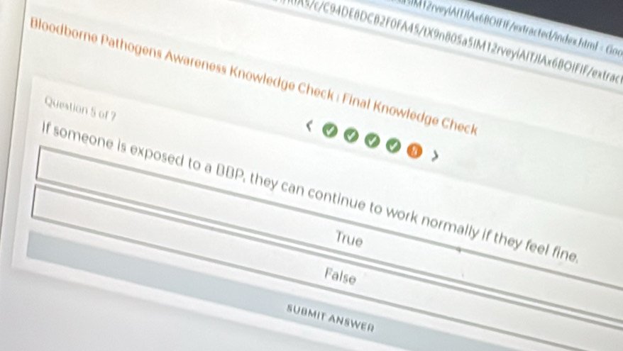 1M 12rvey|A[U|Ax6BOIFF/extracted/index.html = Gor
[A5/c/C94DE8DCB2F0FA45/tX9n805a5IM12rveyiAITJlAx6BOIFIF/extrac
Bloodborne Pathogens Awareness Knowledge Check : Final Knowledge Check
Question 5 of 7
f someone is exposed to a BBP, they can continue to work normally if they feel fine
True
False
SUBMIT ANSWER