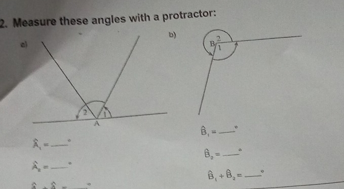 Measure these angles with a protractor:
hat B_1= _ 。
widehat A_1= _。
hat B_2= _ 。
hat A_2= _。
hat B_1+hat B_2= _。
widehat A+widehat A- _。