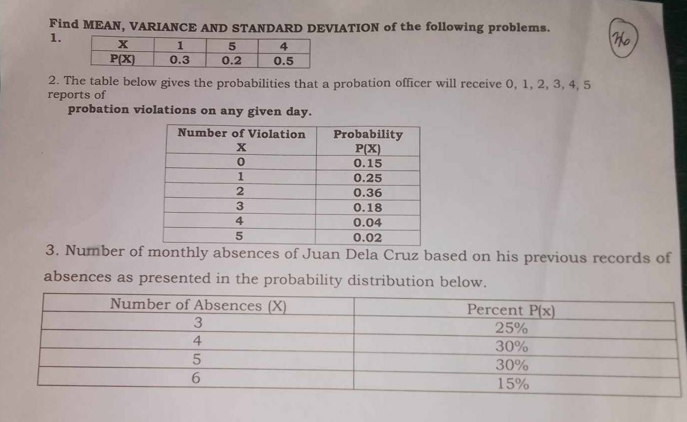 Find MEAN, VARIANCE AND STANDARD DEVIATION of the following problems.
1.
2. The table below gives the probabilities that a probation officer will receive 0, 1, 2, 3, 4, 5
reports of
probation violations on any given day.
3. Number of monthly absences of Juan Dela Cruz based on his previous records of
absences as presented in the probability distribution below.