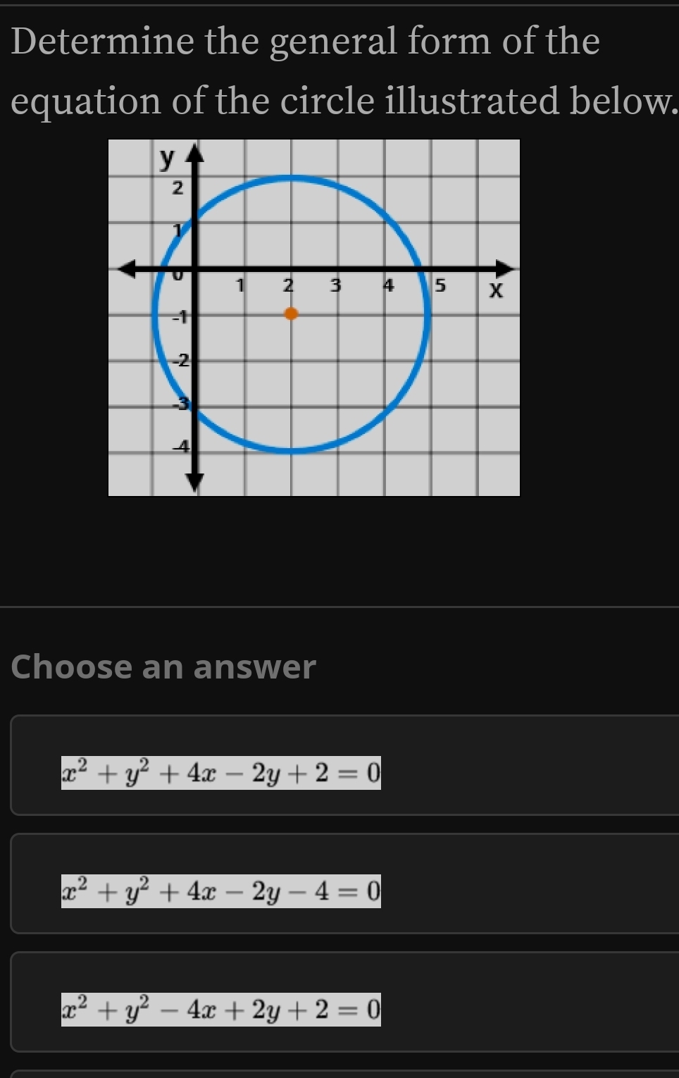 Determine the general form of the
equation of the circle illustrated below.
Choose an answer
x^2+y^2+4x-2y+2=0
x^2+y^2+4x-2y-4=0
x^2+y^2-4x+2y+2=0