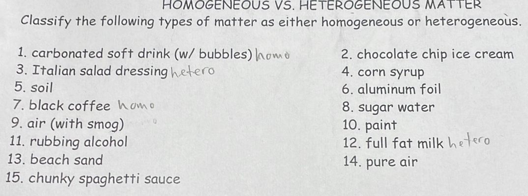 Solved: HOMOGENEOUS VS. HETEROGENEOUS MATTER Classify the following ...