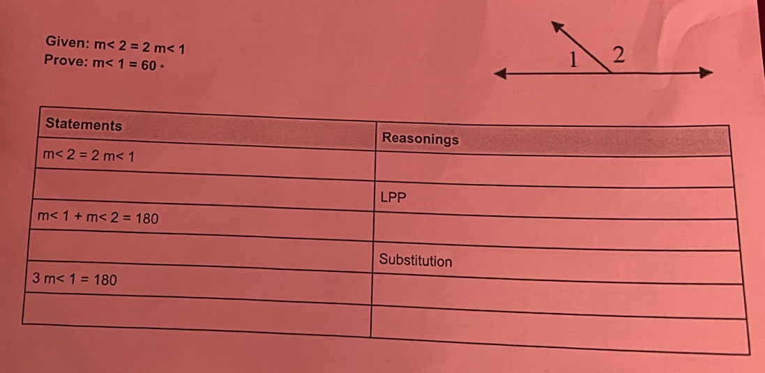 Given: m<2=2m<1</tex>
Prove: m<1=60 。