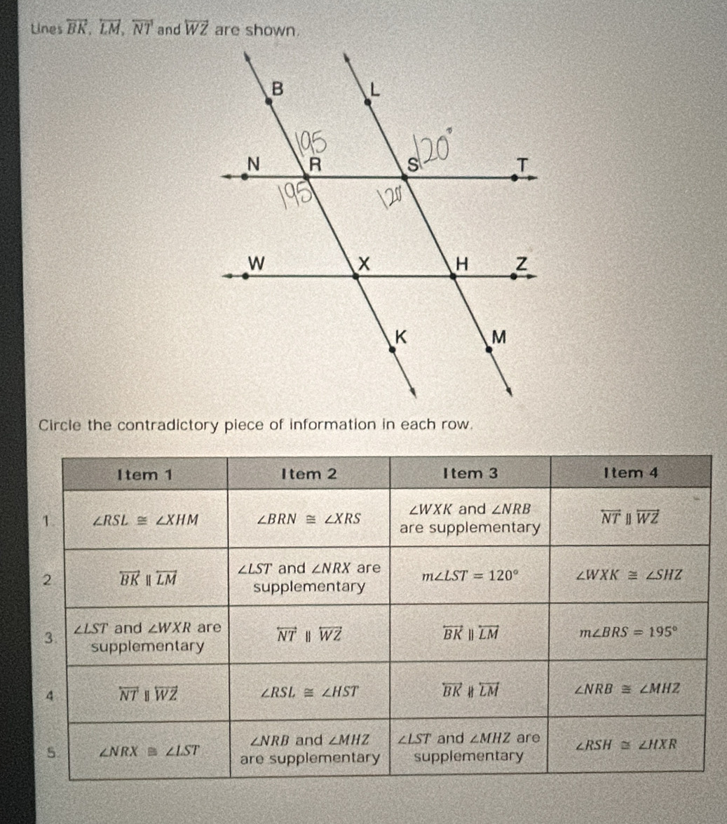 Lines overleftrightarrow BK,overleftrightarrow LM,overline NT and overline WZ are shown.
Circle the contradictory piece of information in each row.