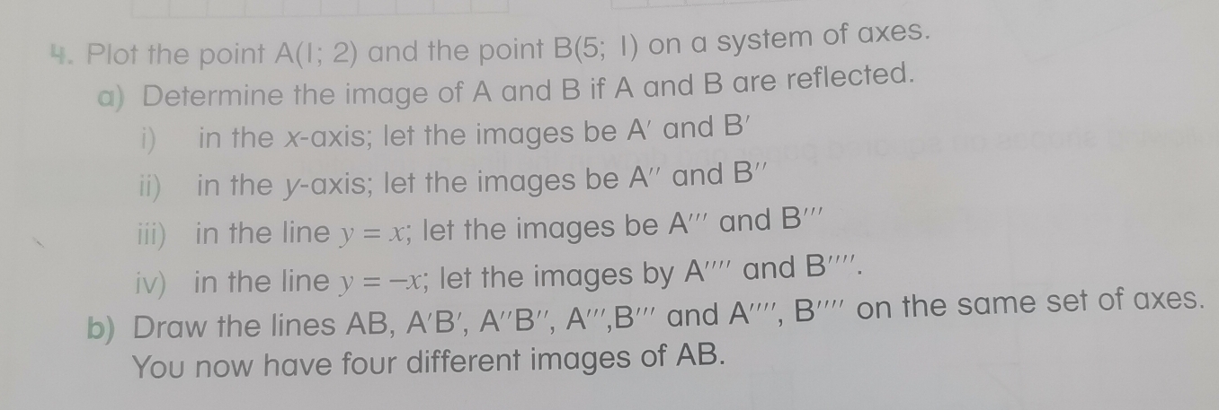 Plot the point A(1;2) and the point B(5;1) on a system of axes. 
a) Determine the image of A and B if A and B are reflected. 
i) in the x-axis; let the images be A' and B'
ii) in the y-axis; let the images be A'' and B''
iii) in the line y=x; let the images be A''' and B'''
iv) in the line y=-x; let the images by A'''' and B''''. 
b) Draw the lines AB, A'B', A''B'', A''', B''' and A'''', B'''' on the same set of axes. 
You now have four different images of AB.