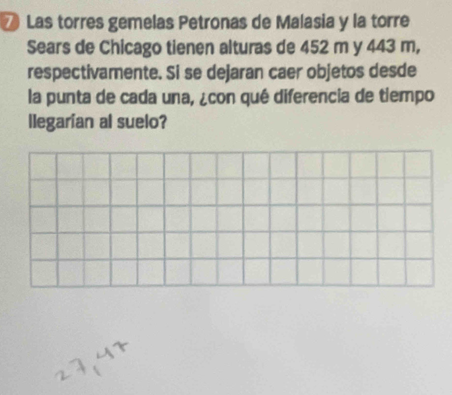 Las torres gemelas Petronas de Malasia y la torre 
Sears de Chicago tienen alturas de 452 m y 443 m, 
respectivamente. Si se dejaran caer objetos desde 
la punta de cada una, ¿con qué diferencia de tiempo 
llegarian al suelo?