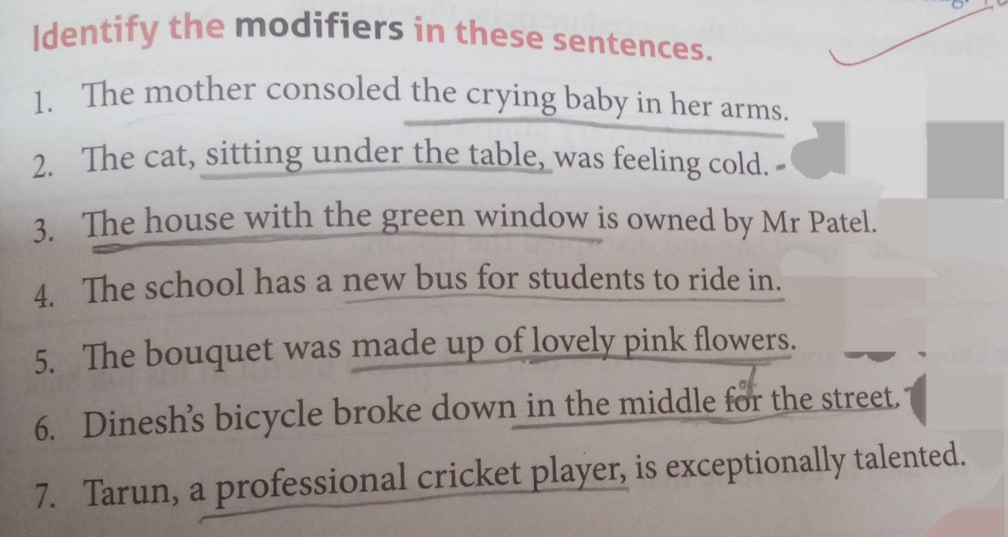 Solved: Identify the modifiers in these sentences. 1. The mother ...