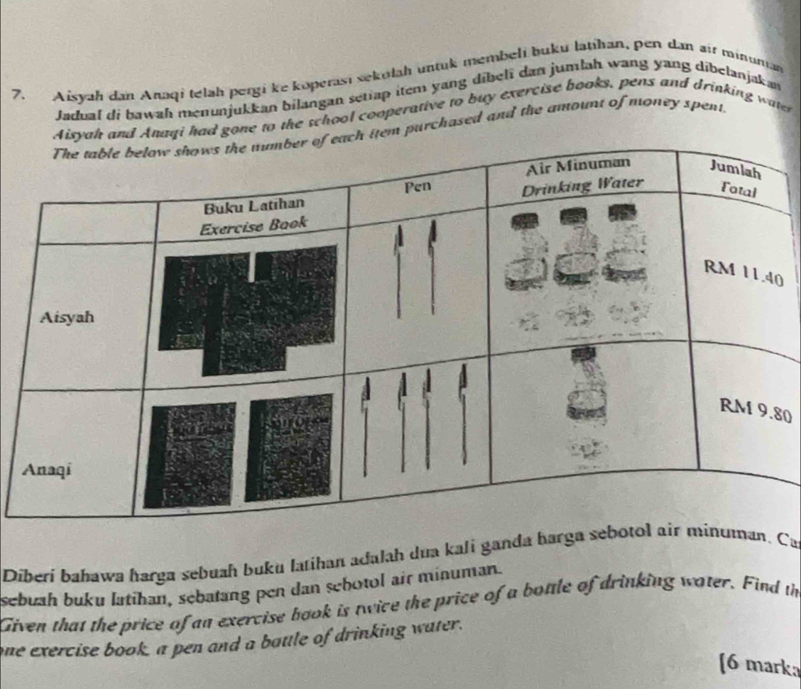 Aisyah dan Anaqi telah pergi ke koperasi sekołah untuk membeli buku latihan, pen dan air minunan 
Jadual di bawah menunjukkan bilangan settap item yang dibelī dan jumlah wang yang dibelanjakan 
Anaqi had gone to the school cooperative to buy exercise books, pens and drinking water 
tem purchased and the amount of money spent. 
0
80
Diberi bahawa harga sebuah buku latihan adulah dua kali ganda hargan. Ca 
sebuah buku latihan, sebatang pen dan sebotol air minuman. 
Given that the price of an exercise book is twice the price of a bottle of drinking water. Find th 
one exercise book, a pen and a battle of drinking water. 
[6 marka