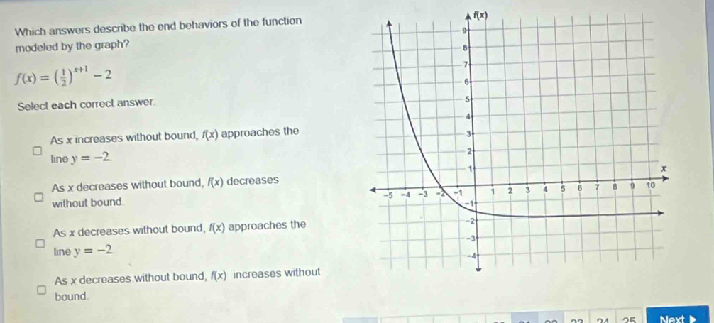 Which answers describe the end behaviors of the function
f(x)
modeled by the graph?
f(x)=( 1/2 )^x+1-2
Select each correct answer
As x increases without bound, f(x) approaches the
line y=-2.
As x decreases without bound, f(x) decreases
without bound.
As x decreases without bound, f(x) approaches the
line y=-2
As x decreases without bound, f(x) increases without
bound.
75 Next