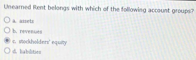 Unearned Rent belongs with which of the following account groups?
a. assets
b.revenues
c. stockholders' equity
d. liabilities