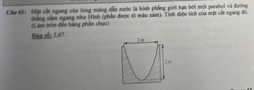 Mặt cát ngang của lòng máng dẫn nước là hình phẳng giới hạn bởi một parabol và đường 
tháng năm ngang như Hình (phần được tô màu xâm). Tính diện tích của mặt cắt ngang đó. 
(Làm tròn đến hàng phần chục) 
Đáp sắi 2, 67,
2 m
2m