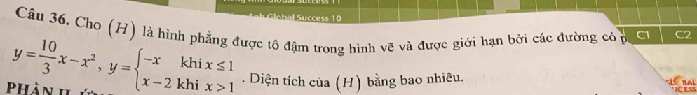 Slobal Success 10 
Câu 36. Cho (H) là hình phẳng được tô đậm trong hình vẽ và được giới hạn bởi các đường có p C1
y= 10/3 x-x^2, y=beginarrayl -xkhix≤ 1 x-2khix>1endarray.. Diện tích của (H) bằng bao nhiêu. BAL 
Phần h ý IC ESS