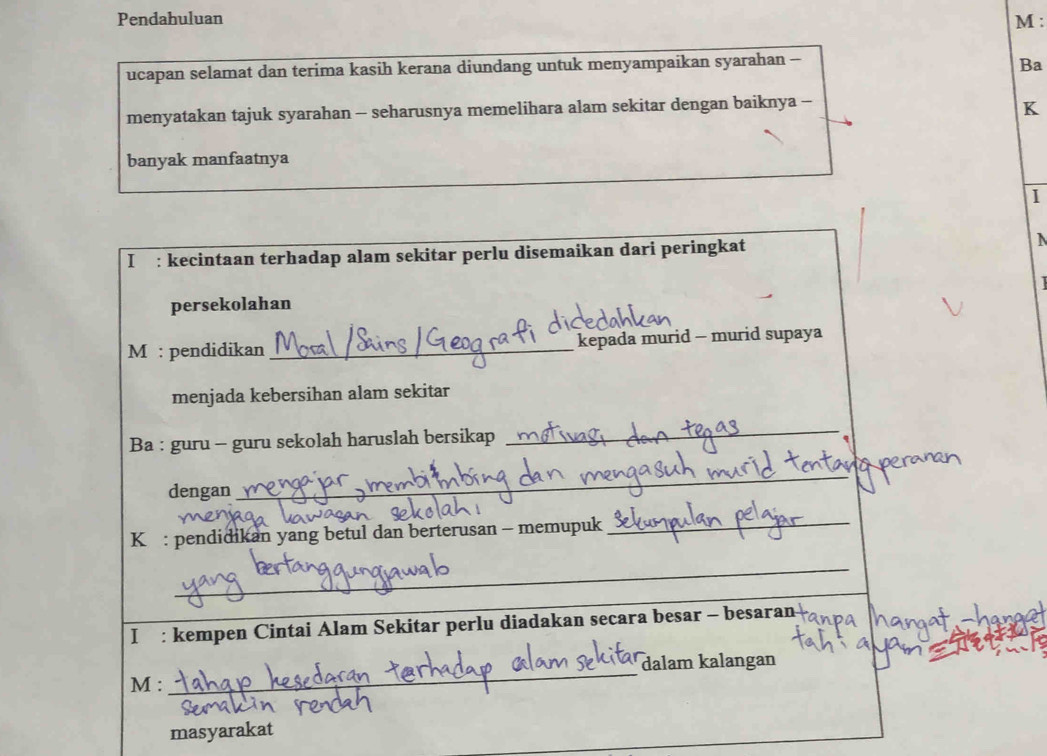 Pendahuluan M : 
ucapan selamat dan terima kasih kerana diundang untuk menyampaikan syarahan -- 
Ba 
menyatakan tajuk syarahan - seharusnya memelihara alam sekitar dengan baiknya - 
K 
banyak manfaatnya 
1 
I : kecintaan terhadap alam sekitar perlu disemaikan dari peringkat 
N 
persekolahan 
M : pendidikan _kepada murid - murid supaya 
menjada kebersihan alam sekitar 
Ba : guru - guru sekolah haruslah bersikap 
_ 
dengan 
_ 
K : pendidikan yang betul dan berterusan - memupuk_ 
_ 
I: kempen Cintai Alam Sekitar perlu diadakan secara besar - besaran 
dalam kalangan 
M : 
_ 
masyarakat