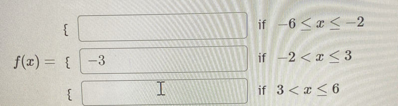 -6≤ x≤ -2
f -2
f(x)=beginarrayl □  □ □  □ endarray. f 3