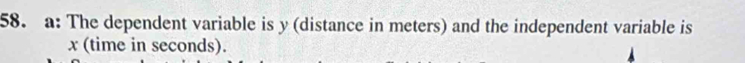 a: The dependent variable is y (distance in meters) and the independent variable is
x (time in seconds).