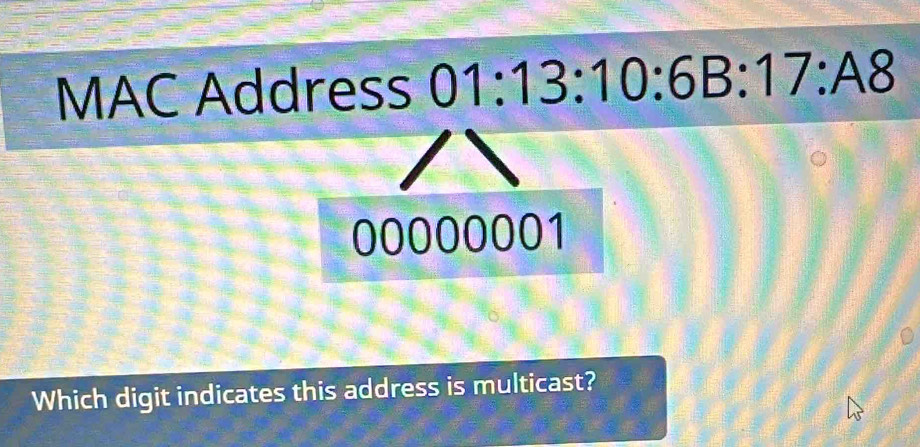 Solved: MAC Address 01:13:10:6B:17:A8 00000001 Which digit indicates ...