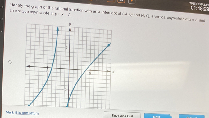 TIME REMAININ 
01:48:29 
an oblique asymptote at y=x+2. 
Identify the graph of the rational function with an x-intercept at (-4,0) and (4,0) , a vertical asymptote at x=2 , and 
Mark this and return Save and Exit Next