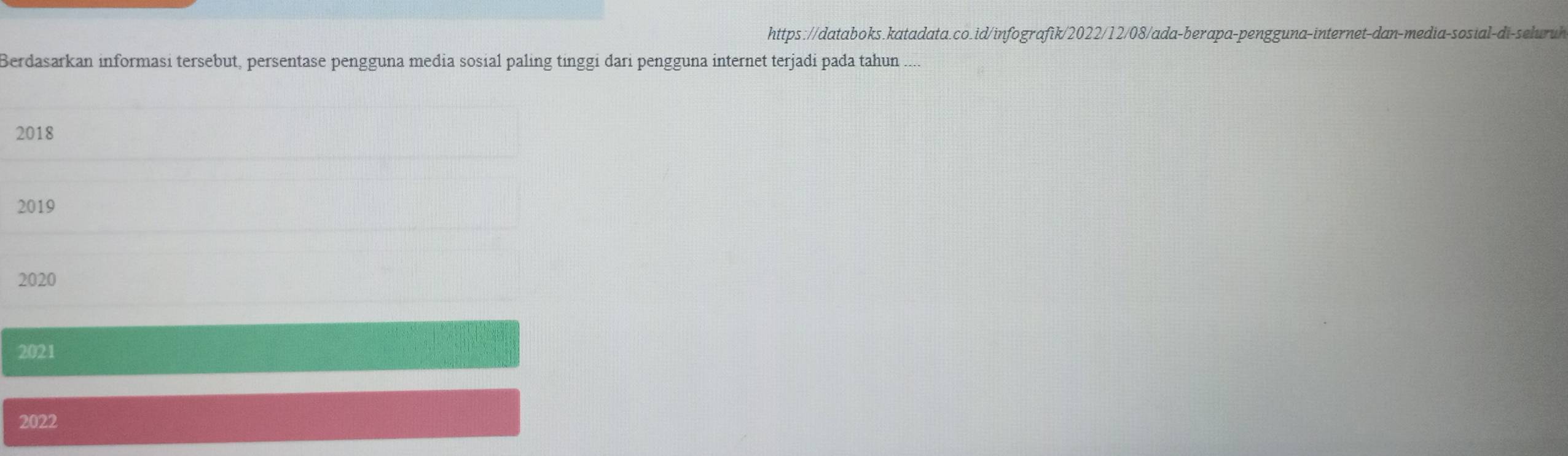 Berdasarkan informasi tersebut, persentase pengguna media sosial paling tinggi dari pengguna internet terjadi pada tahun
2018
2019
2020
2021
2022