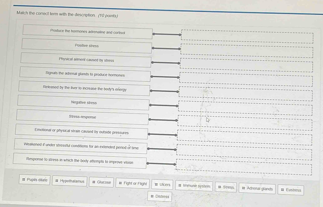 Match the correct term with the description. (10 points)
Produce the hormones adrenaline and cortisol
Positive stress
Physical ailment caused by stress
Signals the adrenal glands to produce hormones
Released by the liver to increase the body's energy
Negative stress
Stress-response
Emotional or physical strain caused by outside pressures
Weakened if under stressful conditions for an extended period of time
Response to stress in which the body attempts to improve vision
: Pupils dilate : Hypothalamus :: Glucose # Fight or Flight : Ulcers # Immune system # Stress : Adrenal glands : Eustress
: Distress