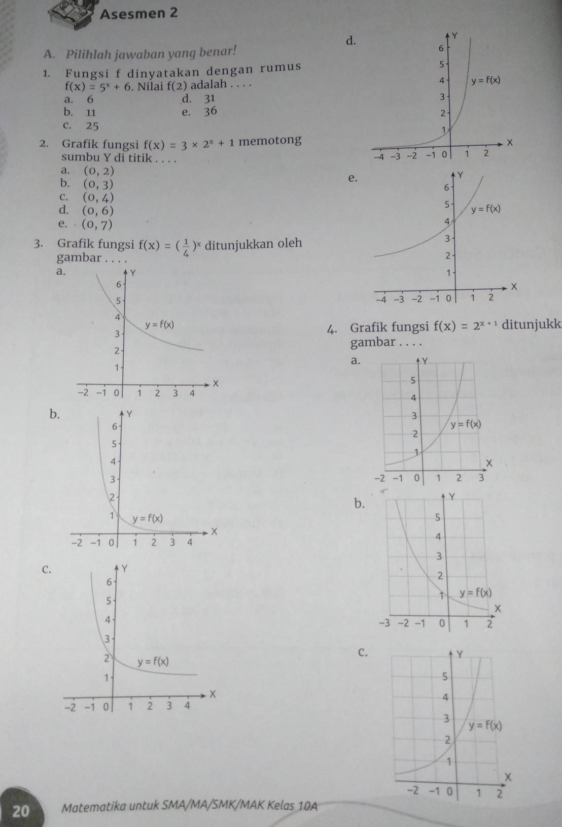 Asesmen 2
d.
A. Pilihlah jawaban yang benar! 
1. Fungsi f dinyatakan dengan rumus
f(x)=5^x+6. Nilai f(2) adalah . . . .
a. 6 d. 31
b. 11 e. 36
C. 25
2. Grafik fungsi f(x)=3* 2^x+1 memotong
sumbu Y di titik . . . .
a. (0,2)
e.
b. (0,3)
C. (0,4)
d. (0,6)
e. . (0,7)
3. Grafik fungsi f(x)=( 1/4 )^x ditunjukkan oleh
gambar . . . .
a
4. Grafik fungsi f(x)=2^(x+1) ditunjukk
gambar . . . .
a.
b
b.
C
C.
20 Matematika untuk SMA/MA/SMK/MAK Kelas 10A