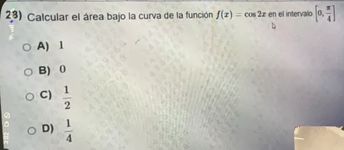 Resuelto:Calcular el área bajo la curva de la función f(x)=cos 2x en el ...
