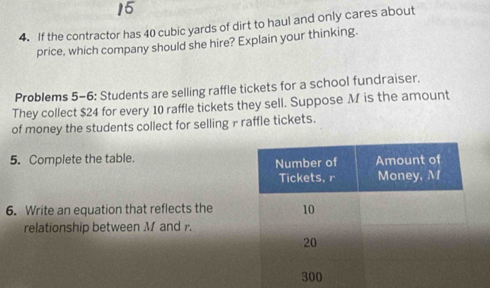 If the contractor has 40 cubic yards of dirt to haul and only cares about 
price, which company should she hire? Explain your thinking. 
Problems 5-6: Students are selling raffle tickets for a school fundraiser. 
They collect $24 for every 10 raffle tickets they sell. Suppose M is the amount 
of money the students collect for selling r raffle tickets. 
5. Complete the table. 
6. Write an equation that reflects the 
relationship between M and r.