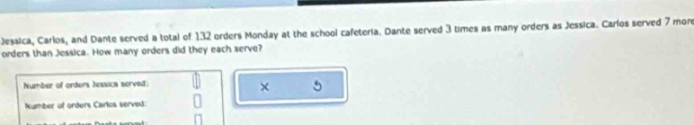 Jessica, Carlos, and Dante served a total of 132 orders Monday at the school cafeteria. Dante served 3 times as many orders as Jessica. Carlos served 7 mon 
orders than Jessica. How many orders did they each serve? 
Number of orders Jessica served: 
× 5
Number of orders Carlos served: