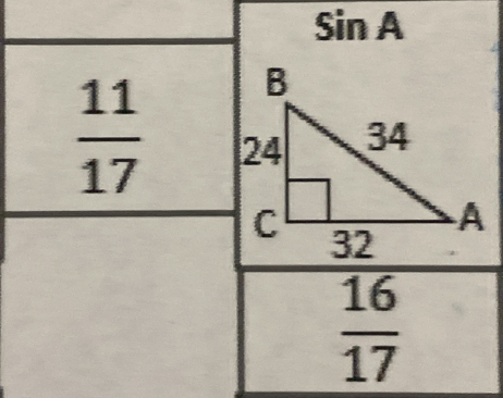 sin A
 11/17 
 16/17 