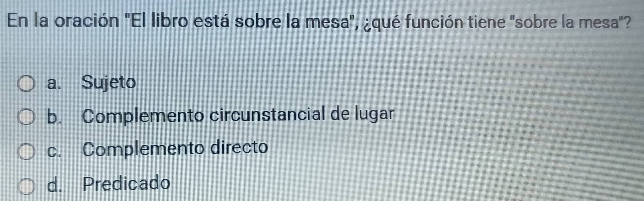 En la oración 'El libro está sobre la mesa', ¿qué función tiene 'sobre la mesa'?
a. Sujeto
b. Complemento circunstancial de lugar
c. Complemento directo
d. Predicado